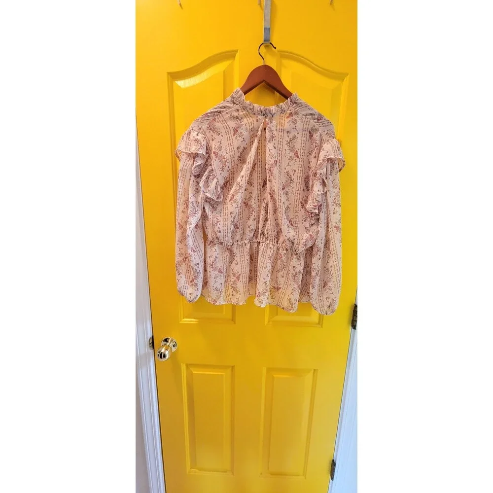 Sheer Pink Floral Flowy Blouse Size M